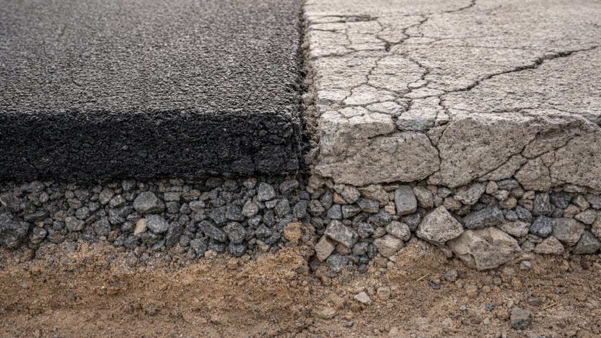 Comparação estrutural entre pavimento asfáltico e pavimento de concreto mostrando camadas de solo, base e revestimento da via.
