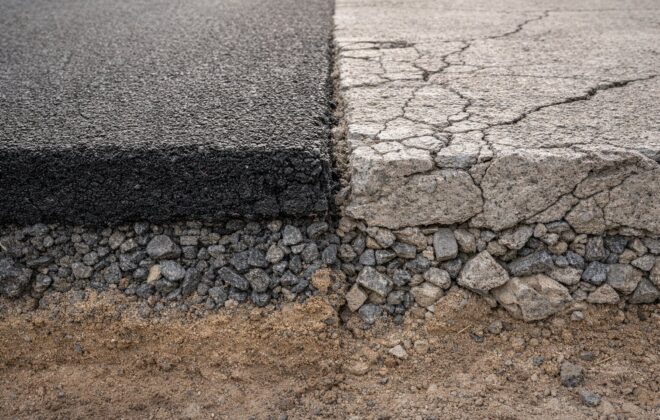 Comparação estrutural entre pavimento asfáltico e pavimento de concreto mostrando camadas de solo, base e revestimento da via.